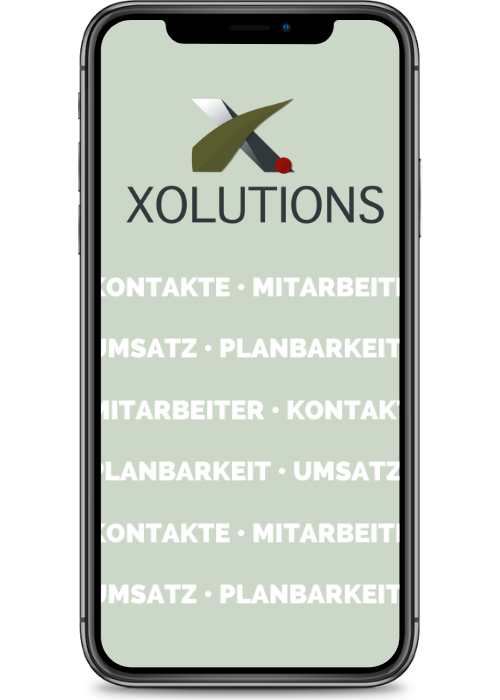 Bild von einem Handy, in dem Handy ist das Xolutions Logo zu sehen